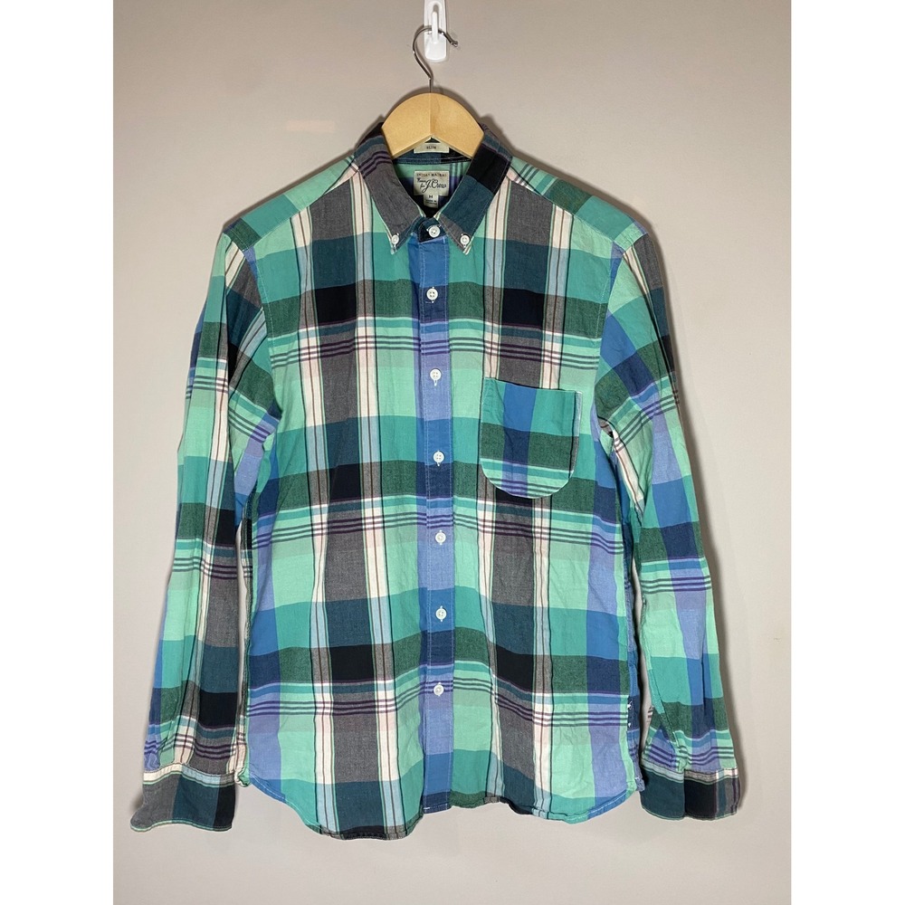 J.Crew Indian Madras Slim Fit Button Up Shirt Blue Green Plaid Shirt Mens MEDIUM
